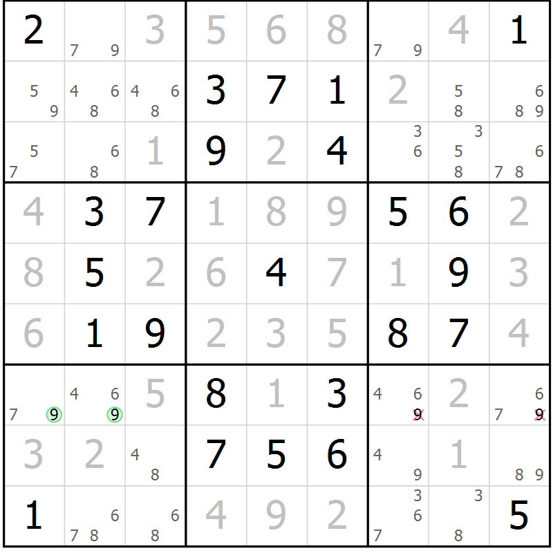 Position des candidats pour la solution de la Gr 6 page 9 du magazine de sudoku Maestro n° 097