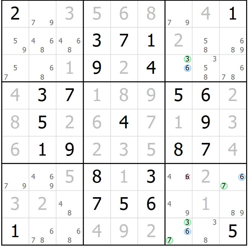 Position des candidats pour la solution de la Gr 6 page 9 du magazine de sudoku Maestro n° 097