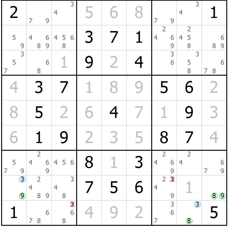 Position des candidats pour la solution de la Gr 6 page 9 du magazine de sudoku Maestro n° 097
