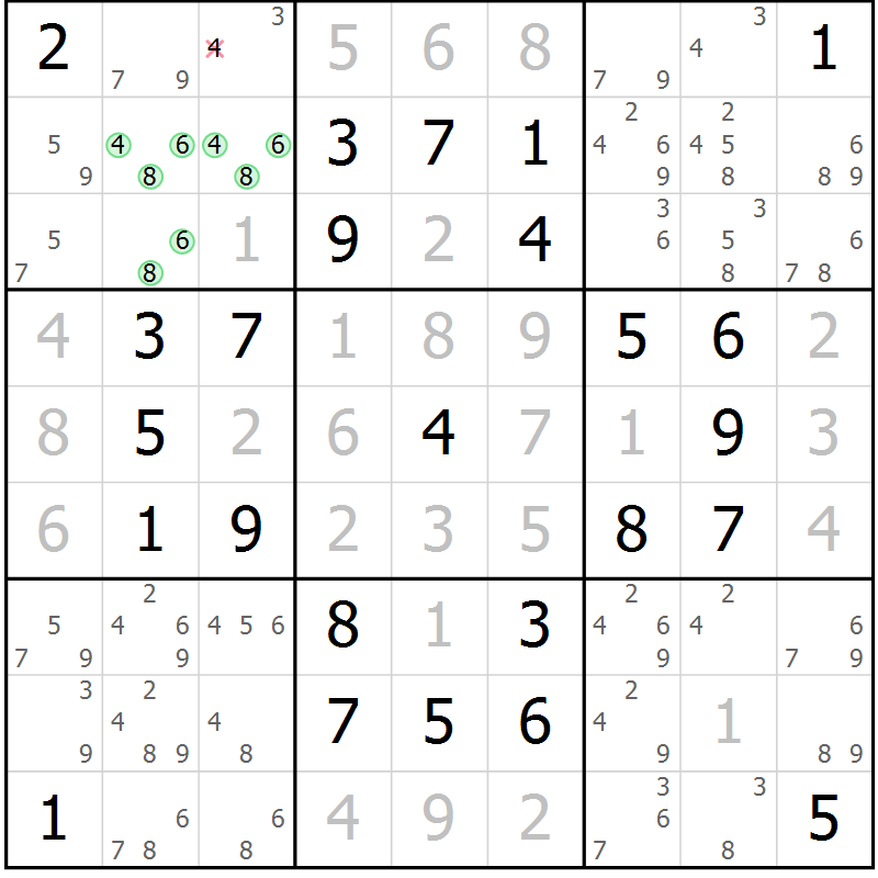 Position des candidats pour la solution de la Gr 6 page 9 du magazine de sudoku Maestro n° 097