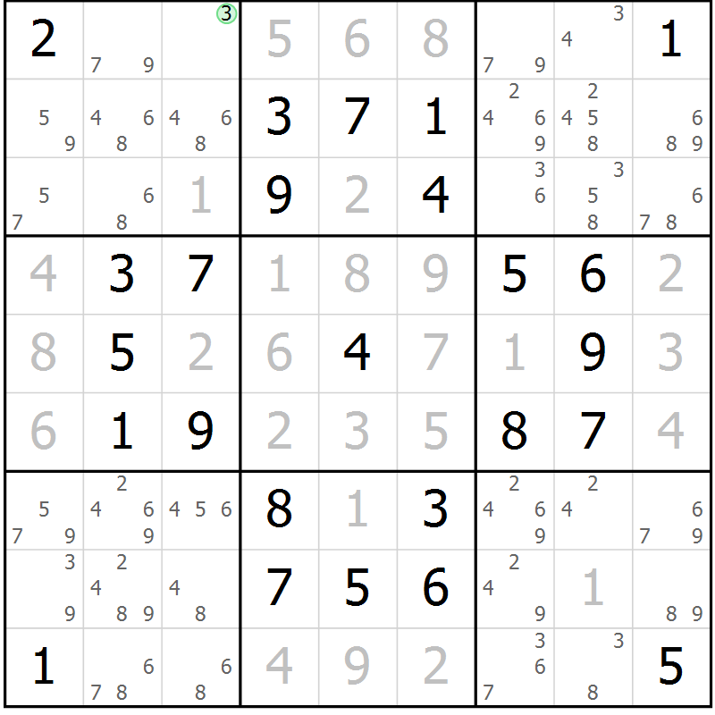 Position des candidats pour la solution de la Gr 6 page 9 du magazine de sudoku Maestro n° 097