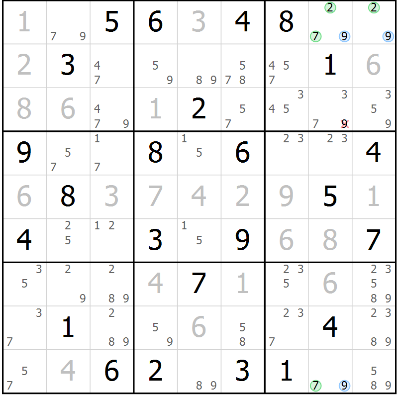 Position des candidats pour la solution de la Gr 60 page 63 du magazine de sudoku Maestro n° 097