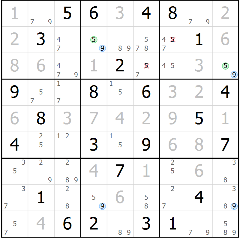 Position des candidats pour la solution de la Gr 60 page 63 du magazine de sudoku Maestro n° 097