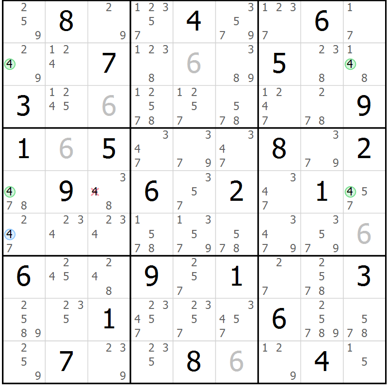 Position des candidats pour la solution de la Gr 61 page 64 du magazine de sudoku Maestro n° 097