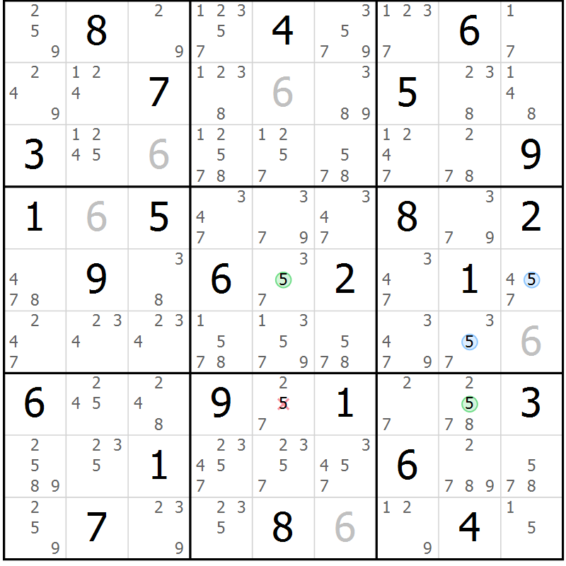 Position des candidats pour la solution de la Gr 61 page 64 du magazine de sudoku Maestro n° 097