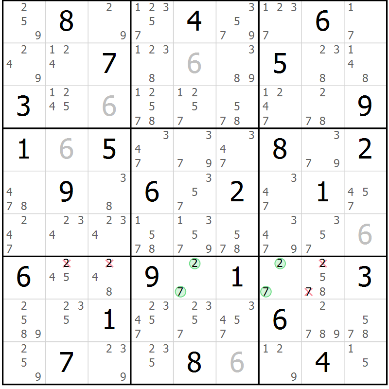 Position des candidats pour la solution de la Gr 61 page 64 du magazine de sudoku Maestro n° 097