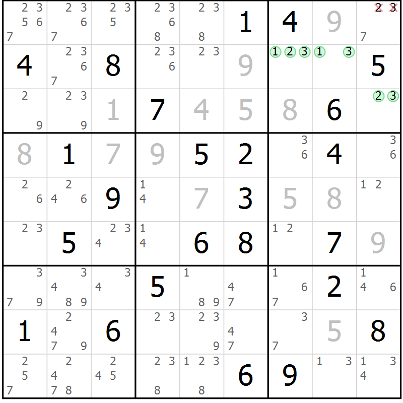 Position des candidats pour la solution de la Gr 62 page 65 du magazine de sudoku Maestro n° 097