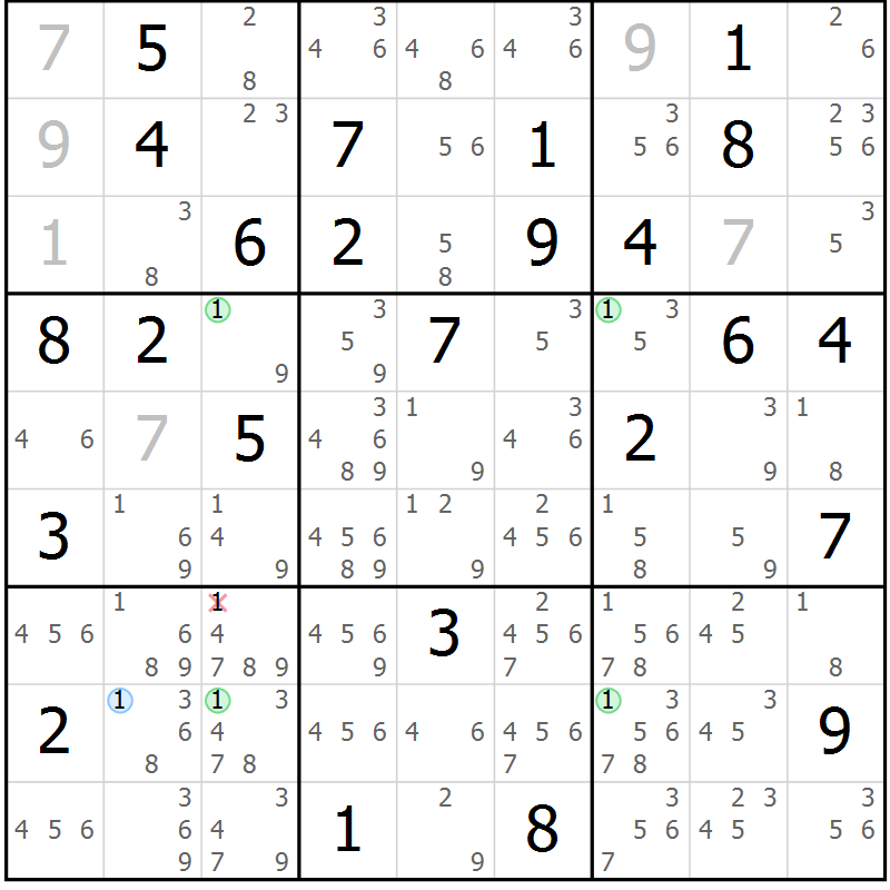 Position des candidats pour la solution de la Gr 63 page 66 du magazine de sudoku Maestro n° 097