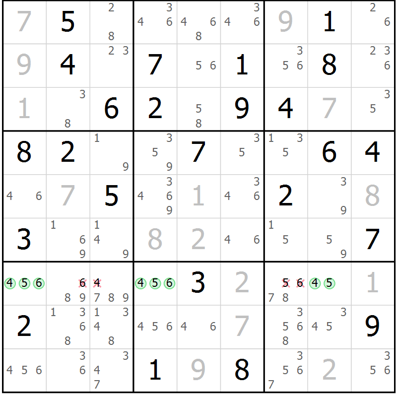 Position des candidats pour la solution de la Gr 63 page 66 du magazine de sudoku Maestro n° 097