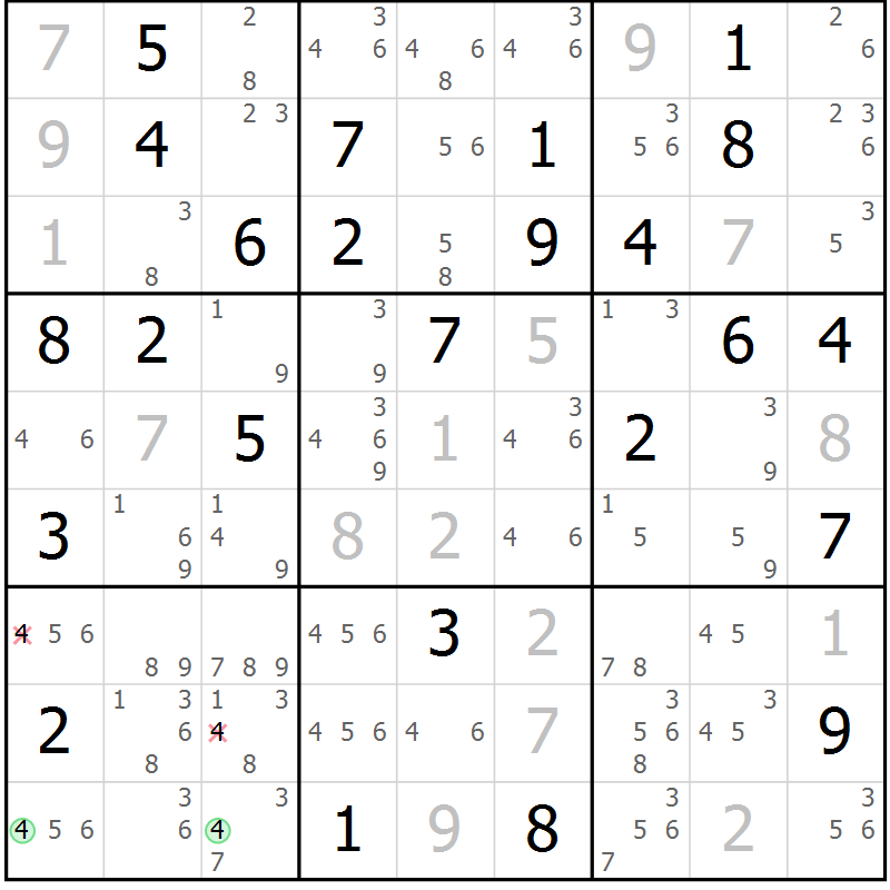 Position des candidats pour la solution de la Gr 63 page 66 du magazine de sudoku Maestro n° 097