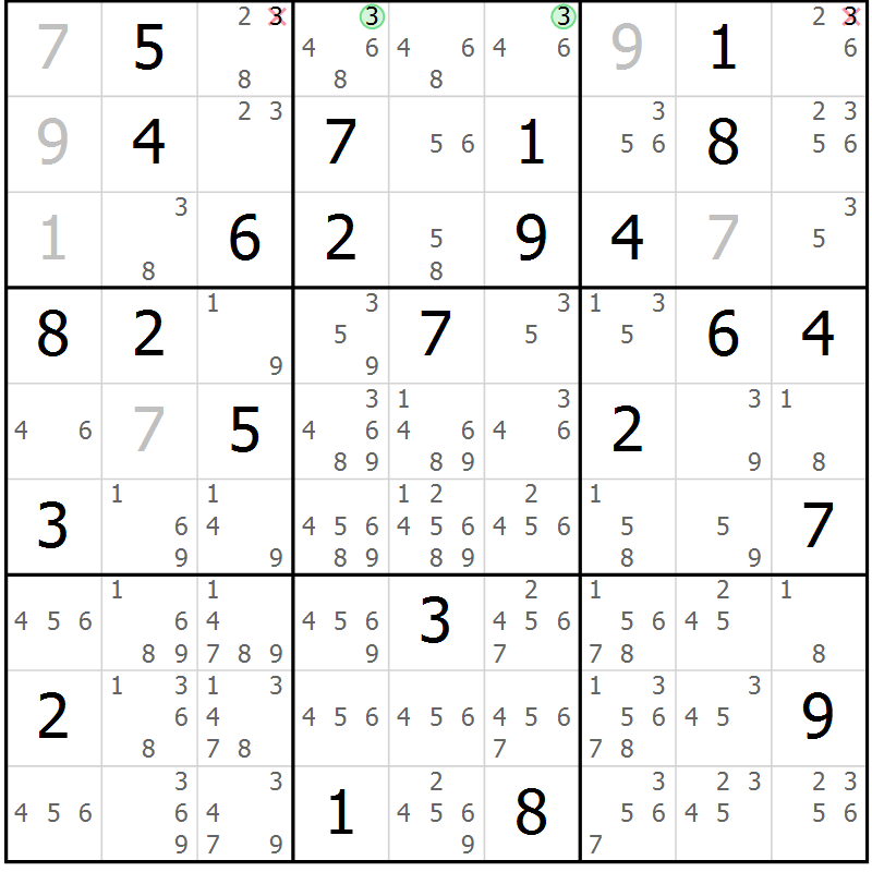 Position des candidats pour la solution de la Gr 63 page 66 du magazine de sudoku Maestro n° 097