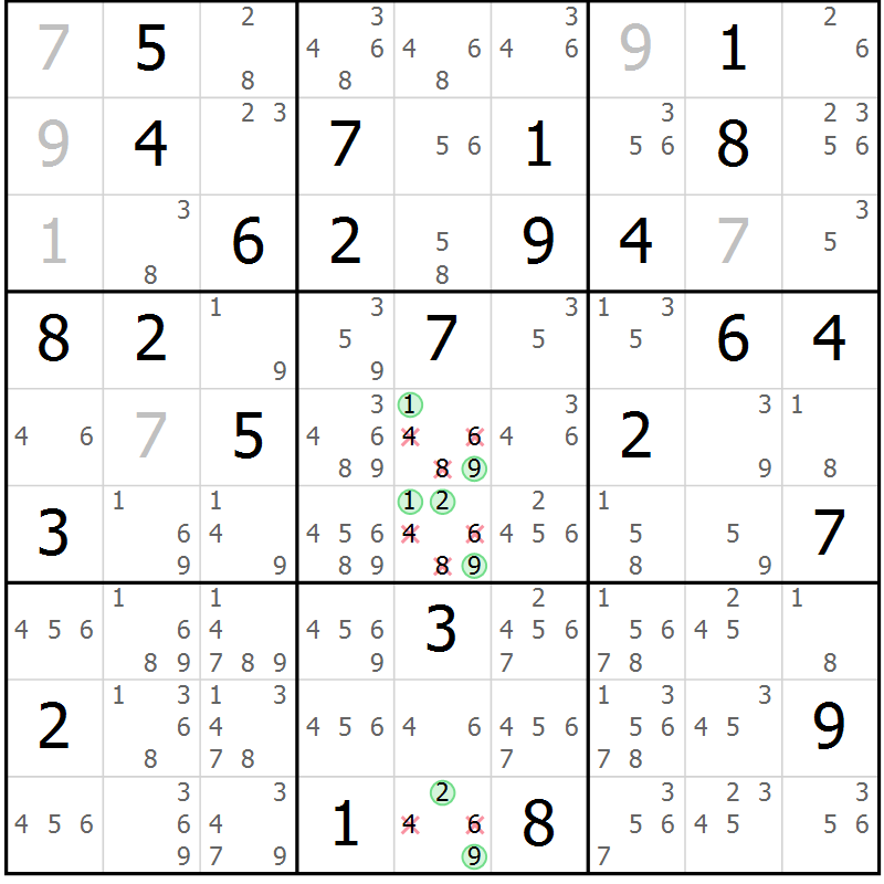 Position des candidats pour la solution de la Gr 63 page 66 du magazine de sudoku Maestro n° 097