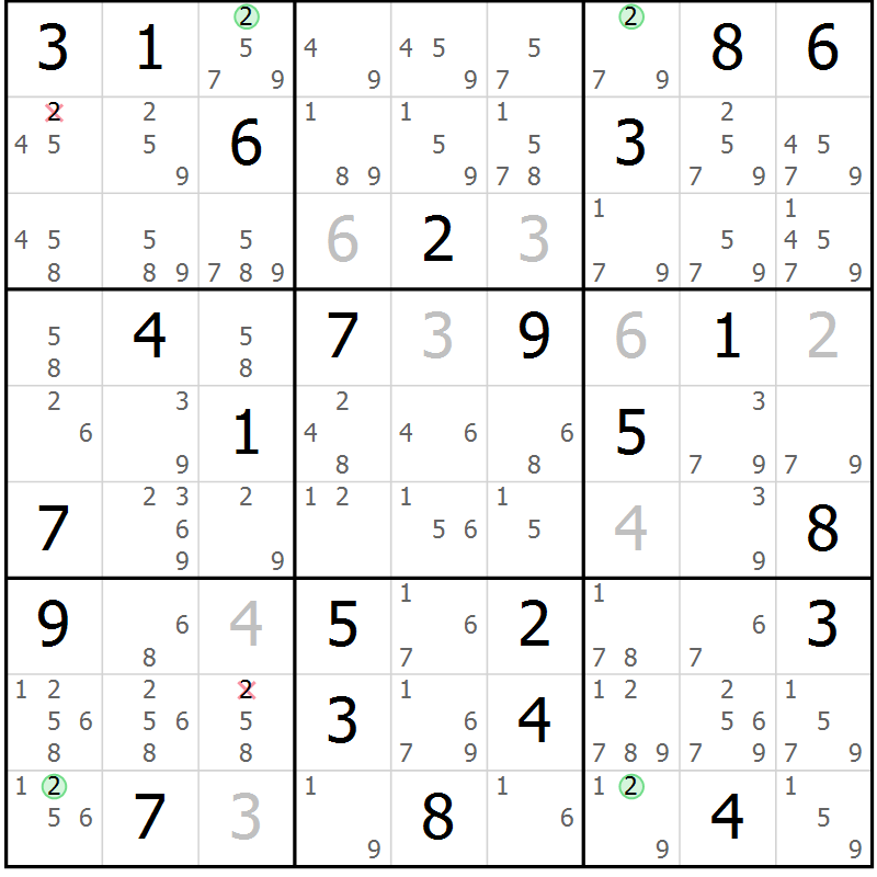 Position des candidats pour la solution de la Gr 64 page 67 du magazine de sudoku Maestro n° 097