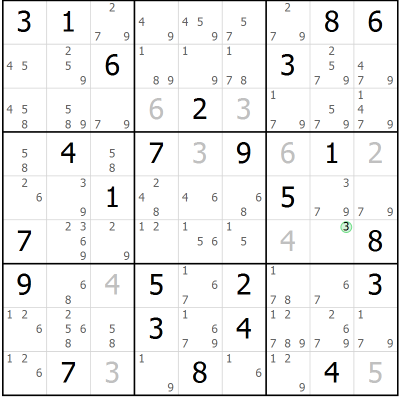 Position des candidats pour la solution de la Gr 64 page 67 du magazine de sudoku Maestro n° 097