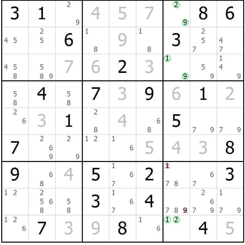 Position des candidats pour la solution de la Gr 64 page 67 du magazine de sudoku Maestro n° 097