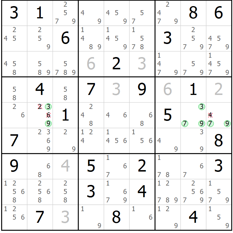 Position des candidats pour la solution de la Gr 64 page 67 du magazine de sudoku Maestro n° 097