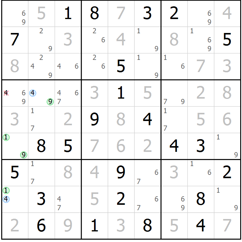 Position des candidats pour la solution de la Gr 65 page 68 du magazine de sudoku Maestro n° 097
