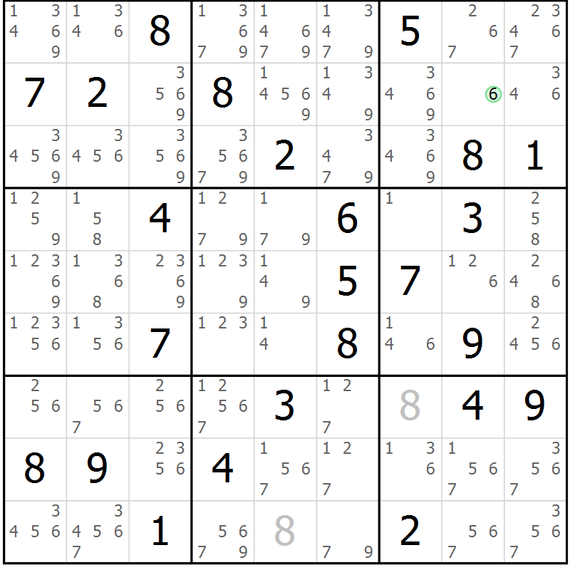 Position des candidats pour la solution de la Gr 66 page 69 du magazine de sudoku Maestro n° 097