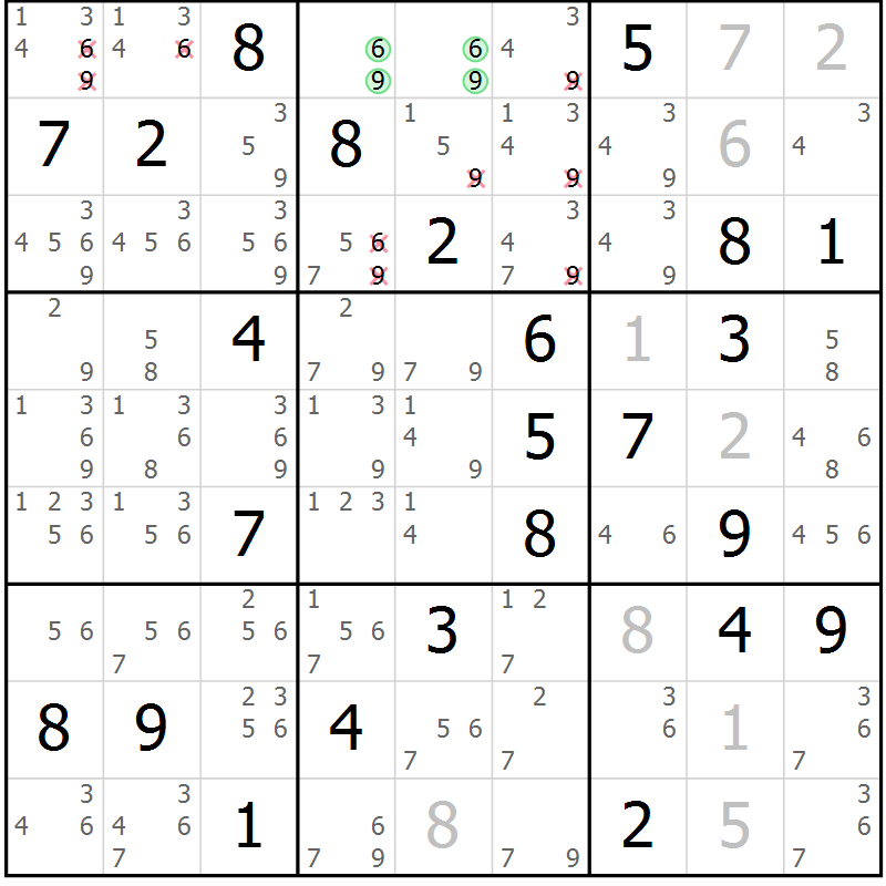 Position des candidats pour la solution de la Gr 66 page 69 du magazine de sudoku Maestro n° 097