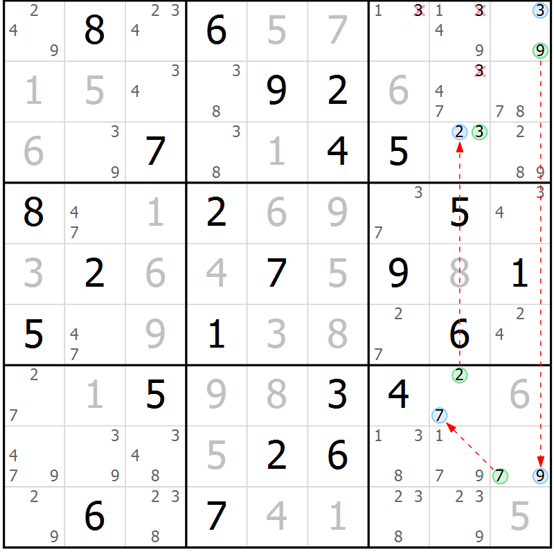 Position des candidats pour la solution de la Gr 67 page 70 du magazine de sudoku Maestro n° 097