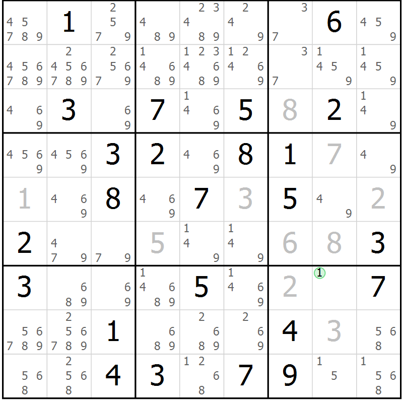 Position des candidats pour la solution de la Gr 68 page 71 du magazine de sudoku Maestro n° 097