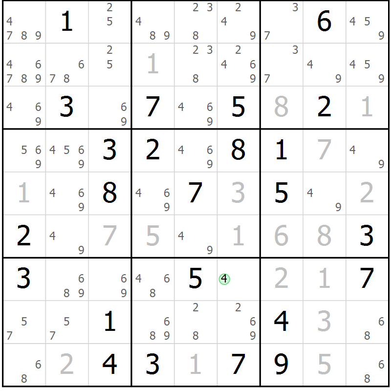 Position des candidats pour la solution de la Gr 68 page 71 du magazine de sudoku Maestro n° 097