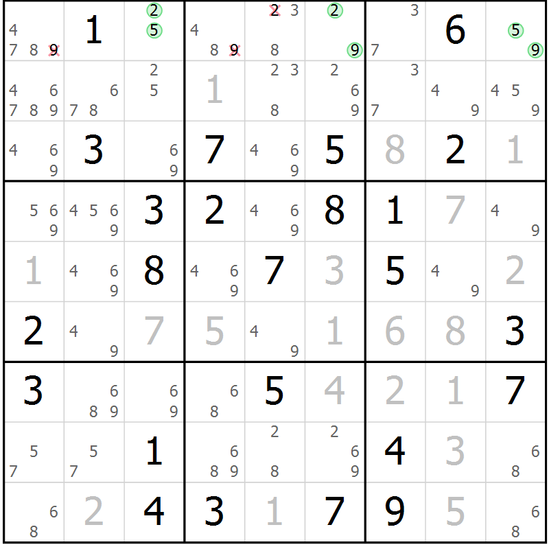 Position des candidats pour la solution de la Gr 68 page 71 du magazine de sudoku Maestro n° 097