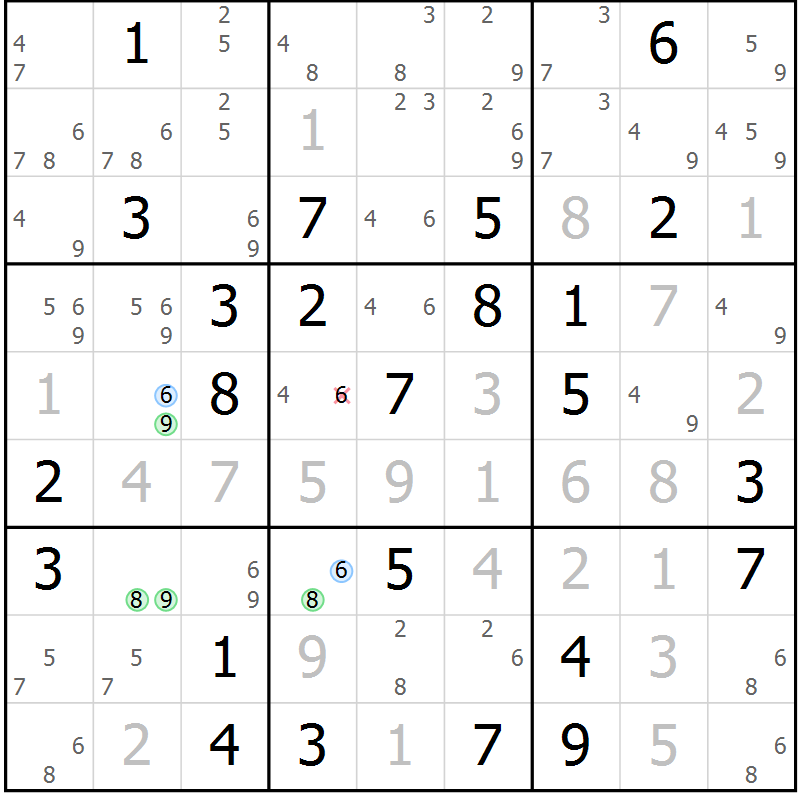 Position des candidats pour la solution de la Gr 68 page 71 du magazine de sudoku Maestro n° 097
