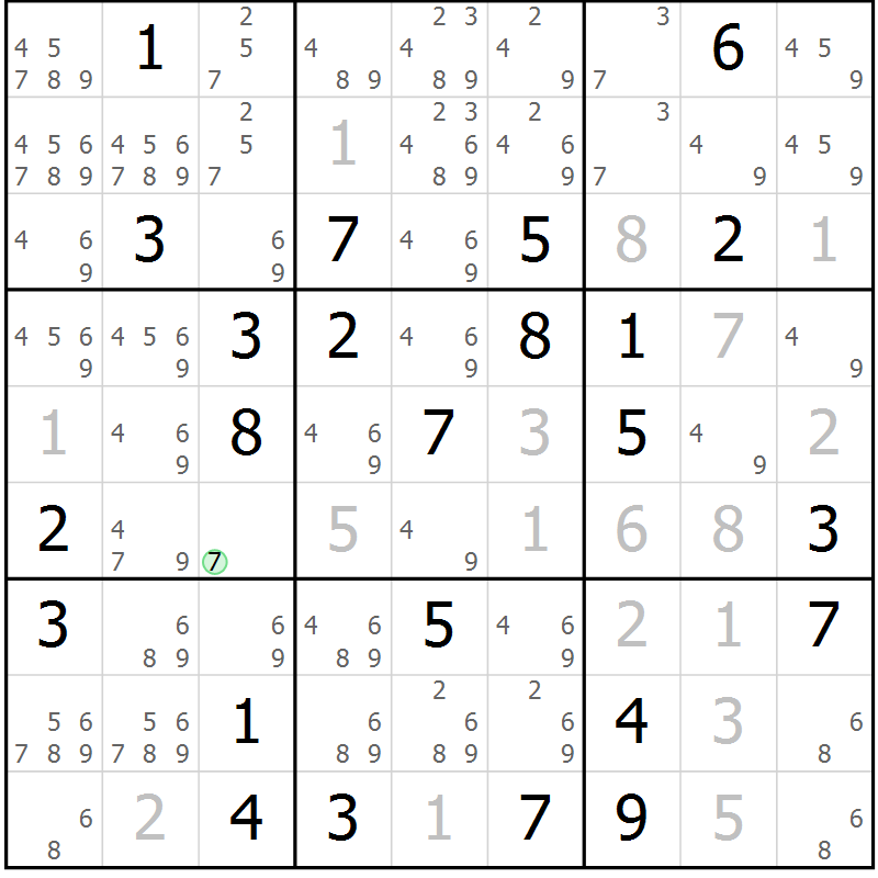 Position des candidats pour la solution de la Gr 68 page 71 du magazine de sudoku Maestro n° 097