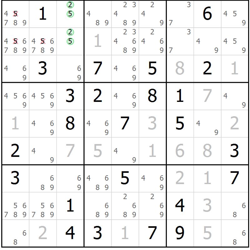 Position des candidats pour la solution de la Gr 68 page 71 du magazine de sudoku Maestro n° 097