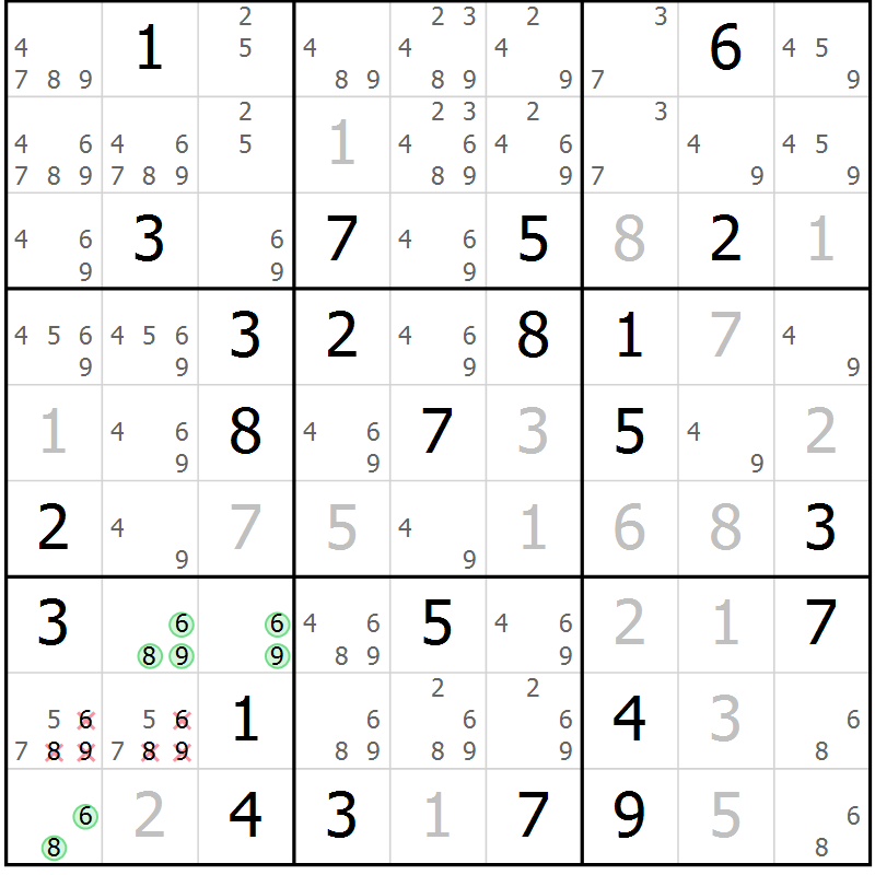 Position des candidats pour la solution de la Gr 68 page 71 du magazine de sudoku Maestro n° 097