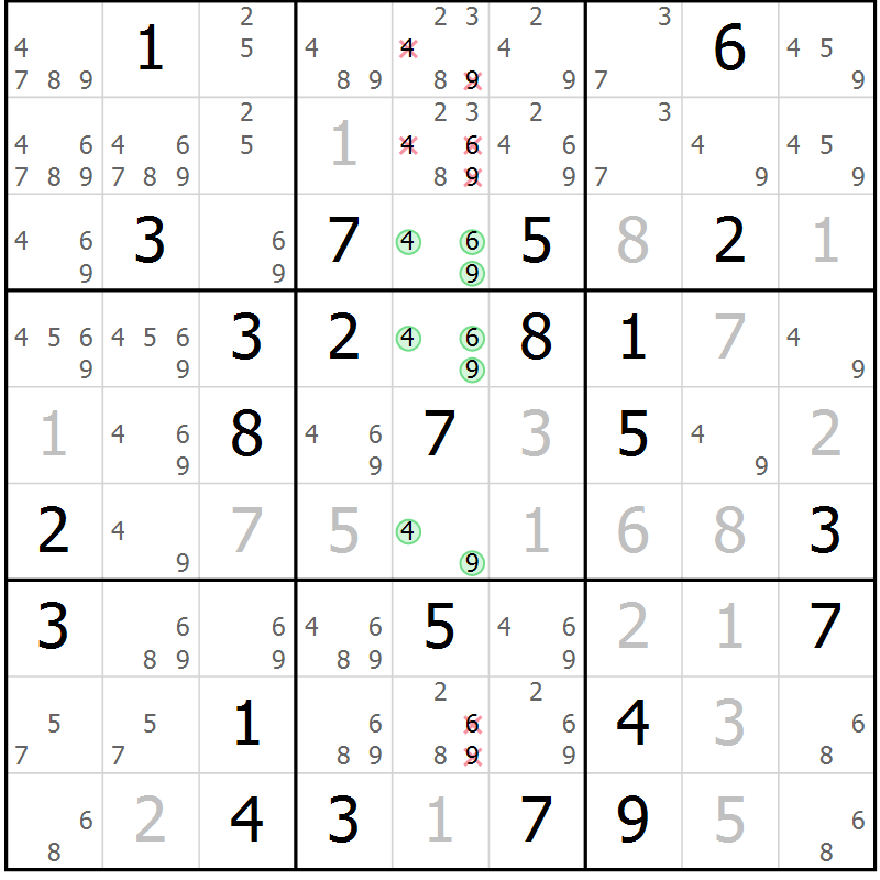 Position des candidats pour la solution de la Gr 68 page 71 du magazine de sudoku Maestro n° 097