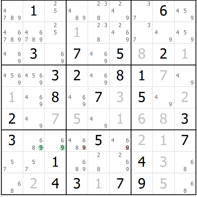Position des candidats pour la solution de la Gr 68 page 71 du magazine de sudoku Maestro n° 097