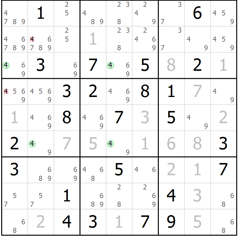 Position des candidats pour la solution de la Gr 68 page 71 du magazine de sudoku Maestro n° 097