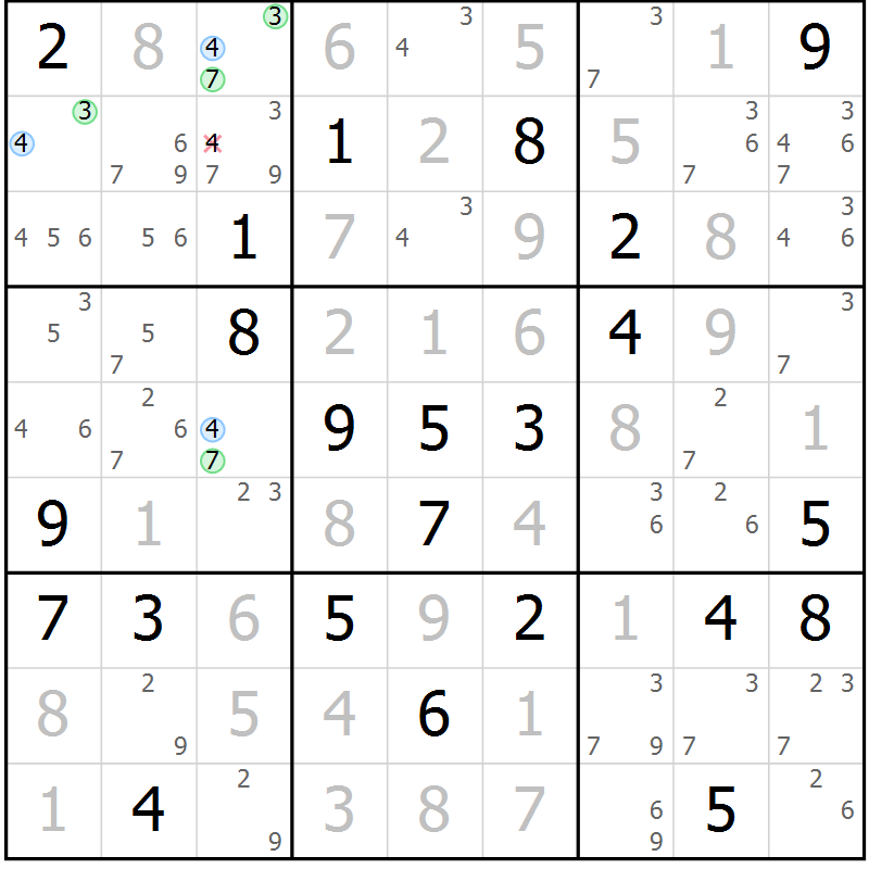 Position des candidats pour la solution de la Gr 69 page 72 du magazine de sudoku Maestro n° 097