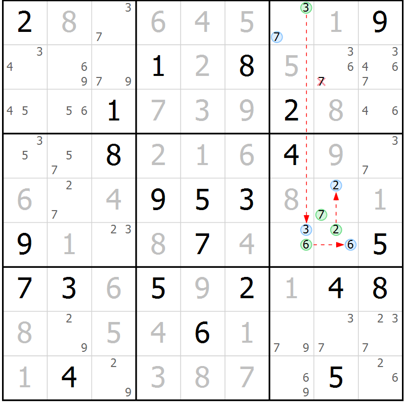 Position des candidats pour la solution de la Gr 69 page 72 du magazine de sudoku Maestro n° 097