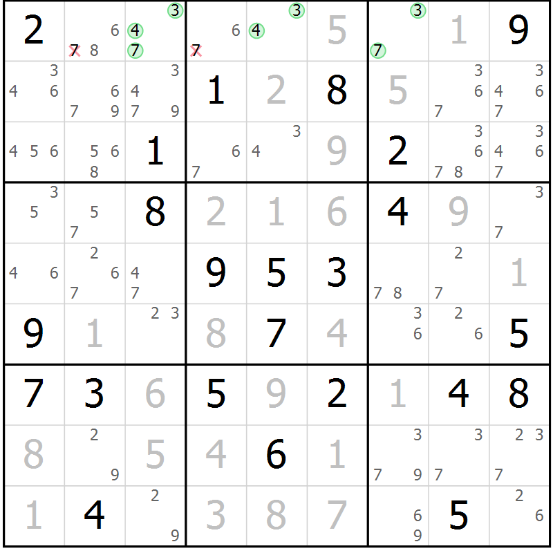 Position des candidats pour la solution de la Gr 69 page 72 du magazine de sudoku Maestro n° 097