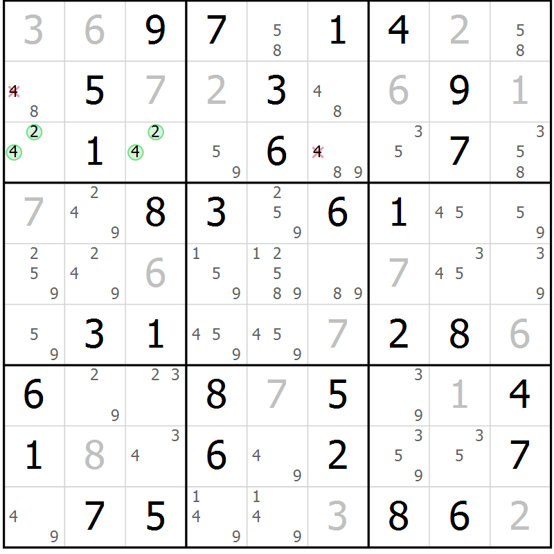 Position des candidats pour la solution de la Gr 7 page 10 du magazine de sudoku Maestro n° 097