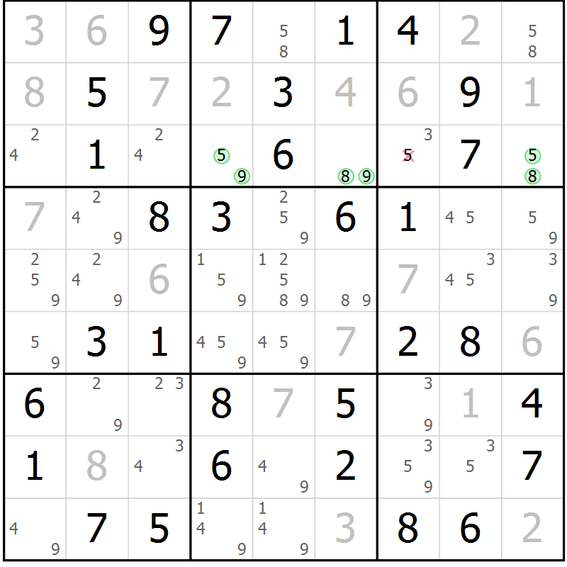 Position des candidats pour la solution de la Gr 7 page 10 du magazine de sudoku Maestro n° 097
