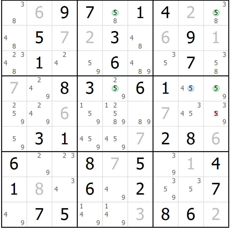 Position des candidats pour la solution de la Gr 7 page 10 du magazine de sudoku Maestro n° 097