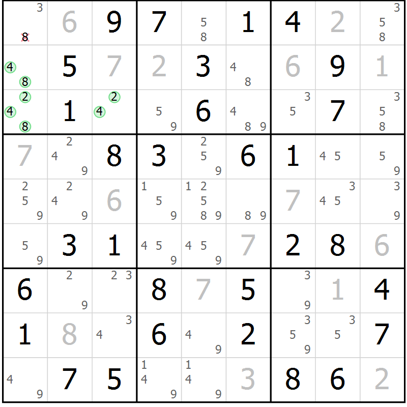 Position des candidats pour la solution de la Gr 7 page 10 du magazine de sudoku Maestro n° 097