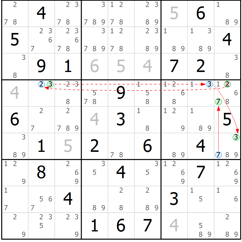 Position des candidats pour la solution de la Gr 70 page 73 du magazine de sudoku Maestro n° 097