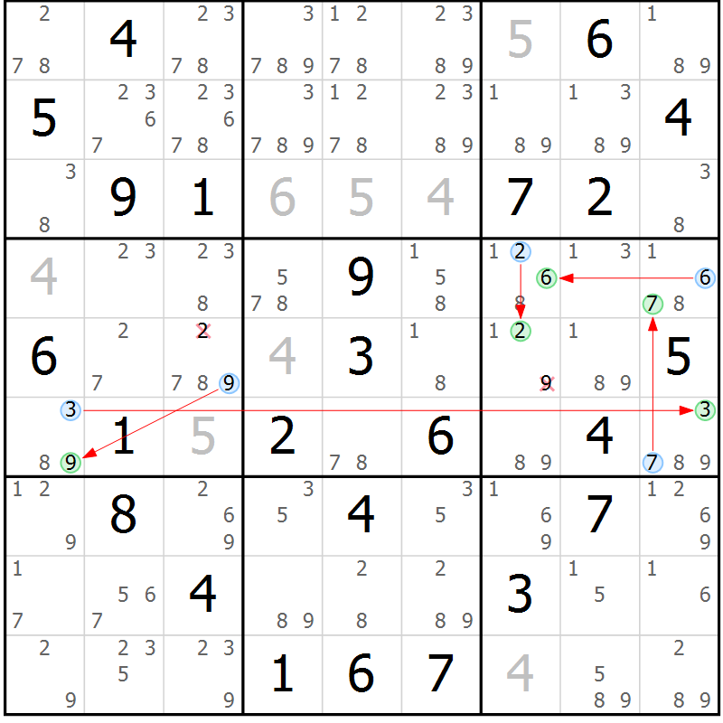 Position des candidats pour la solution de la Gr 70 page 73 du magazine de sudoku Maestro n° 097