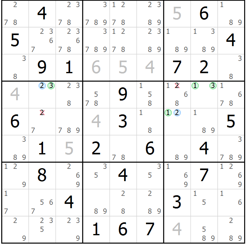 Position des candidats pour la solution de la Gr 70 page 73 du magazine de sudoku Maestro n° 097