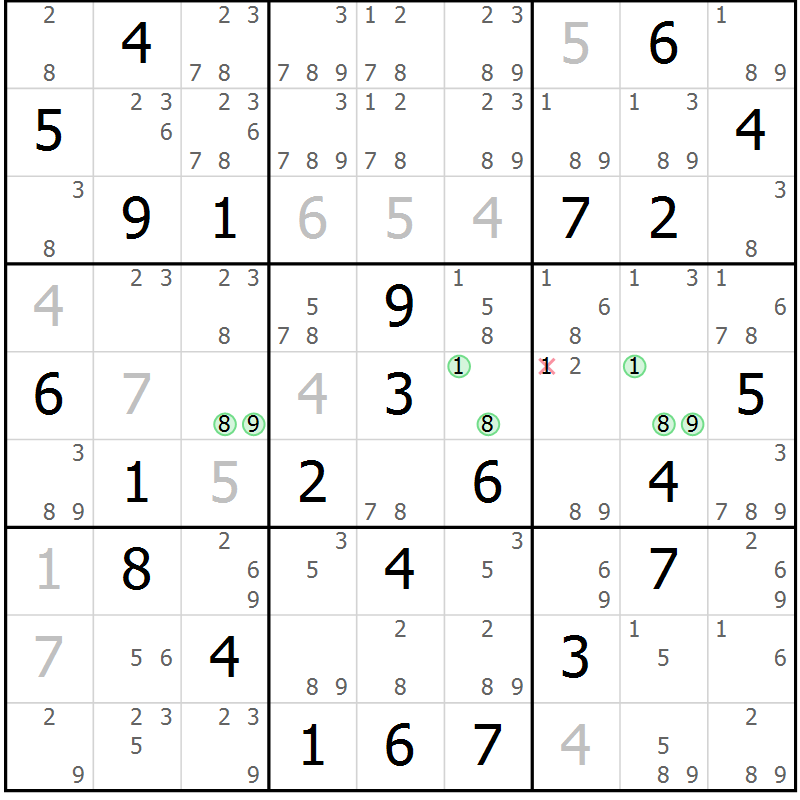 Position des candidats pour la solution de la Gr 70 page 73 du magazine de sudoku Maestro n° 097