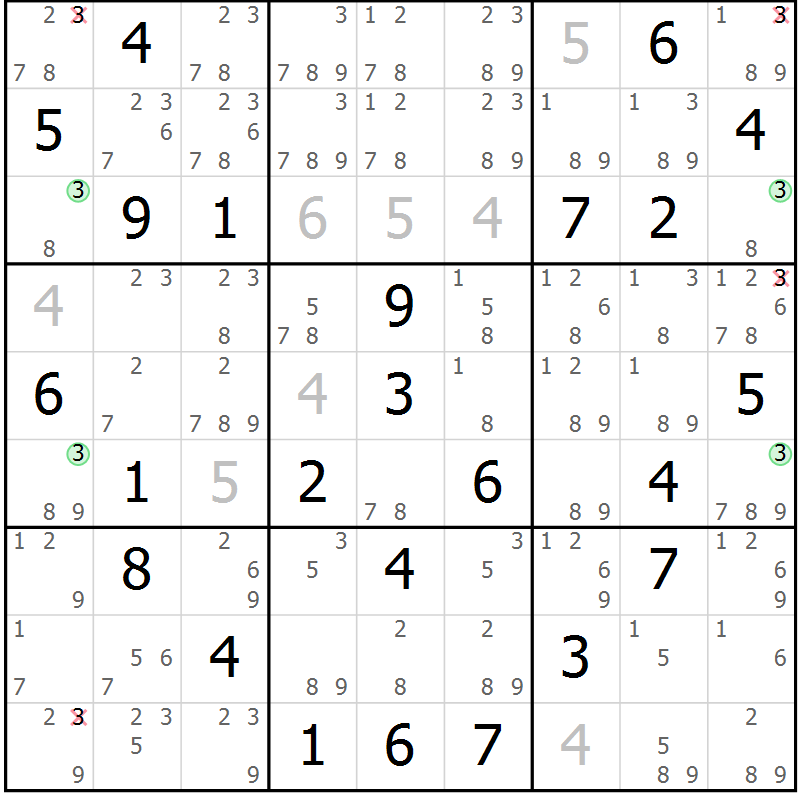 Position des candidats pour la solution de la Gr 70 page 73 du magazine de sudoku Maestro n° 097
