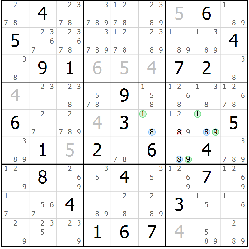 Position des candidats pour la solution de la Gr 70 page 73 du magazine de sudoku Maestro n° 097