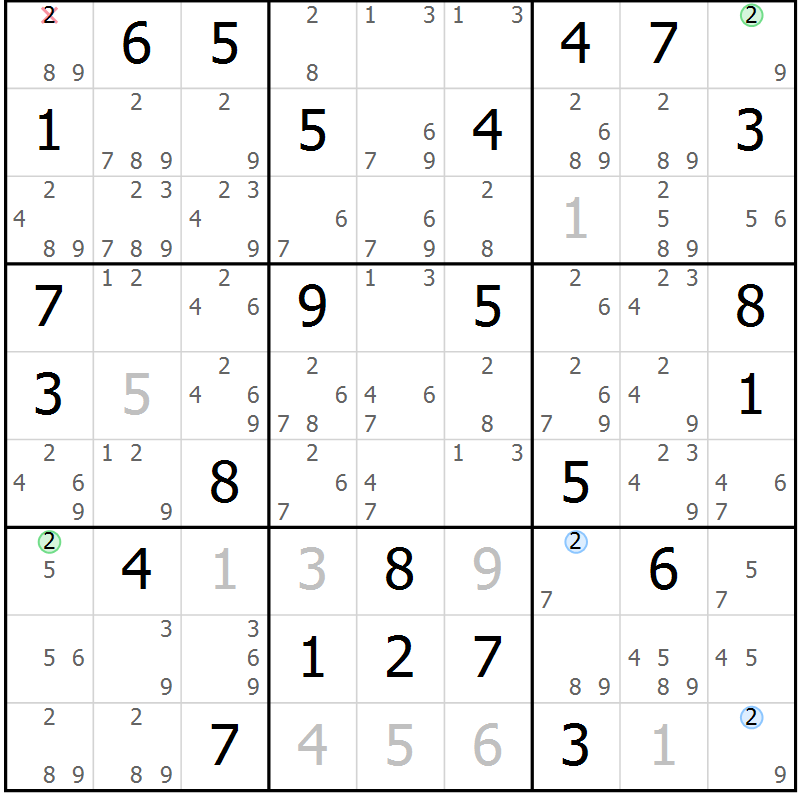 Position des candidats pour la solution de la Gr 71 page 74 du magazine de sudoku Maestro n° 097