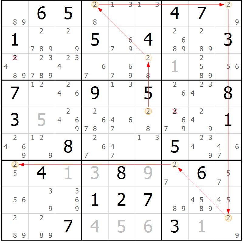 Position des candidats pour la solution de la Gr 71 page 74 du magazine de sudoku Maestro n° 097