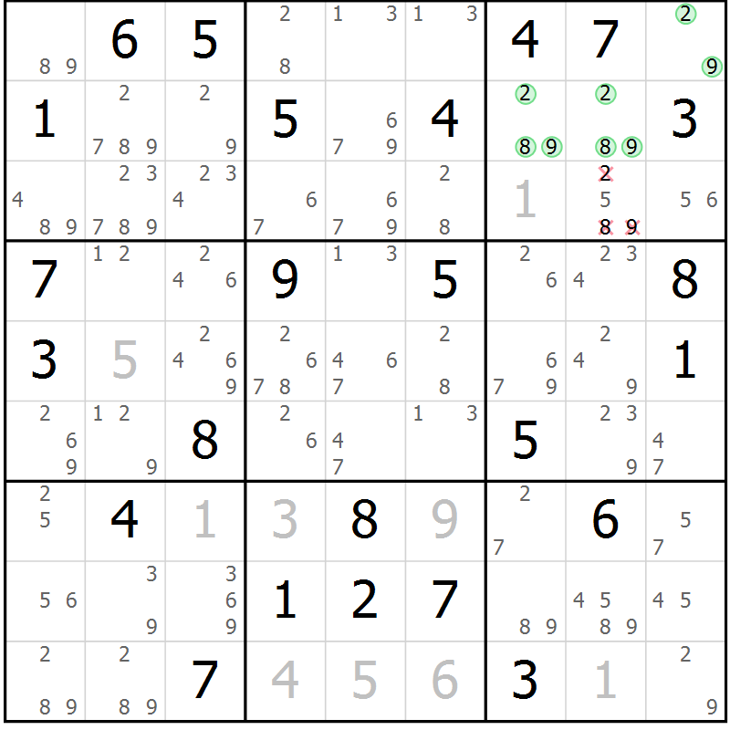 Position des candidats pour la solution de la Gr 71 page 74 du magazine de sudoku Maestro n° 097